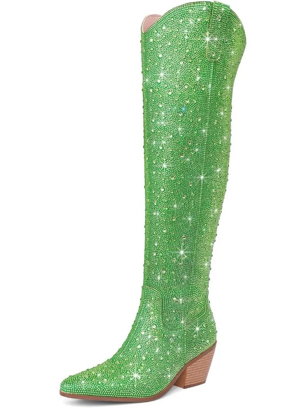 Women's Green Rhinestone Sparkly Bling Side Zippers Over the Knee High Boots